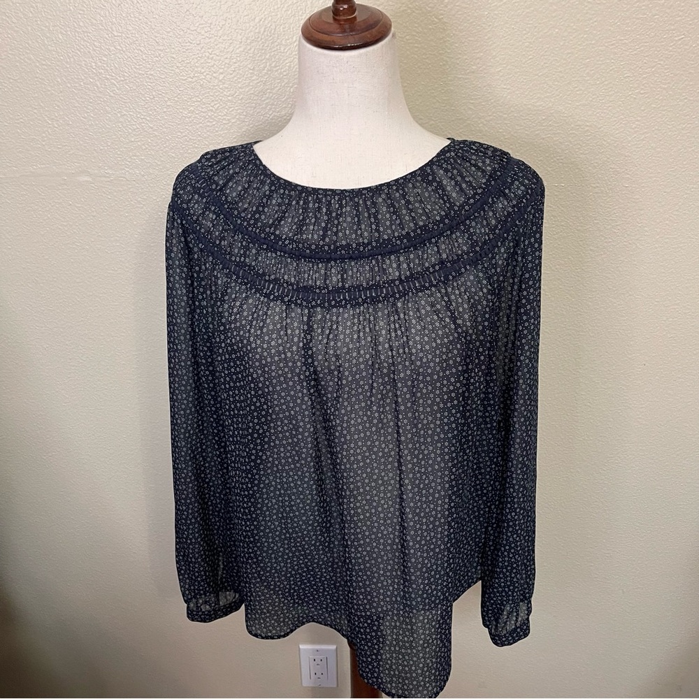 Vince Camuto Navy Blue Floral Sheer Blouse Size S